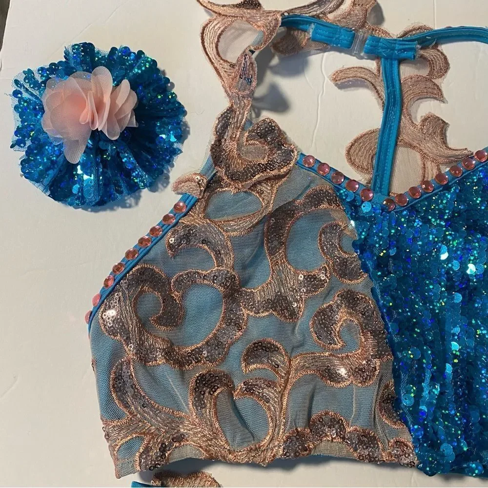 Glamour solo dance costume 2 piece blue pink sequin lace XLC-Extra large child
